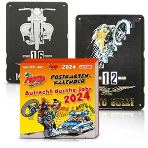 Calendario en formato postal con cómic de motos y dos placas metálicas vintage con motivos de motos.